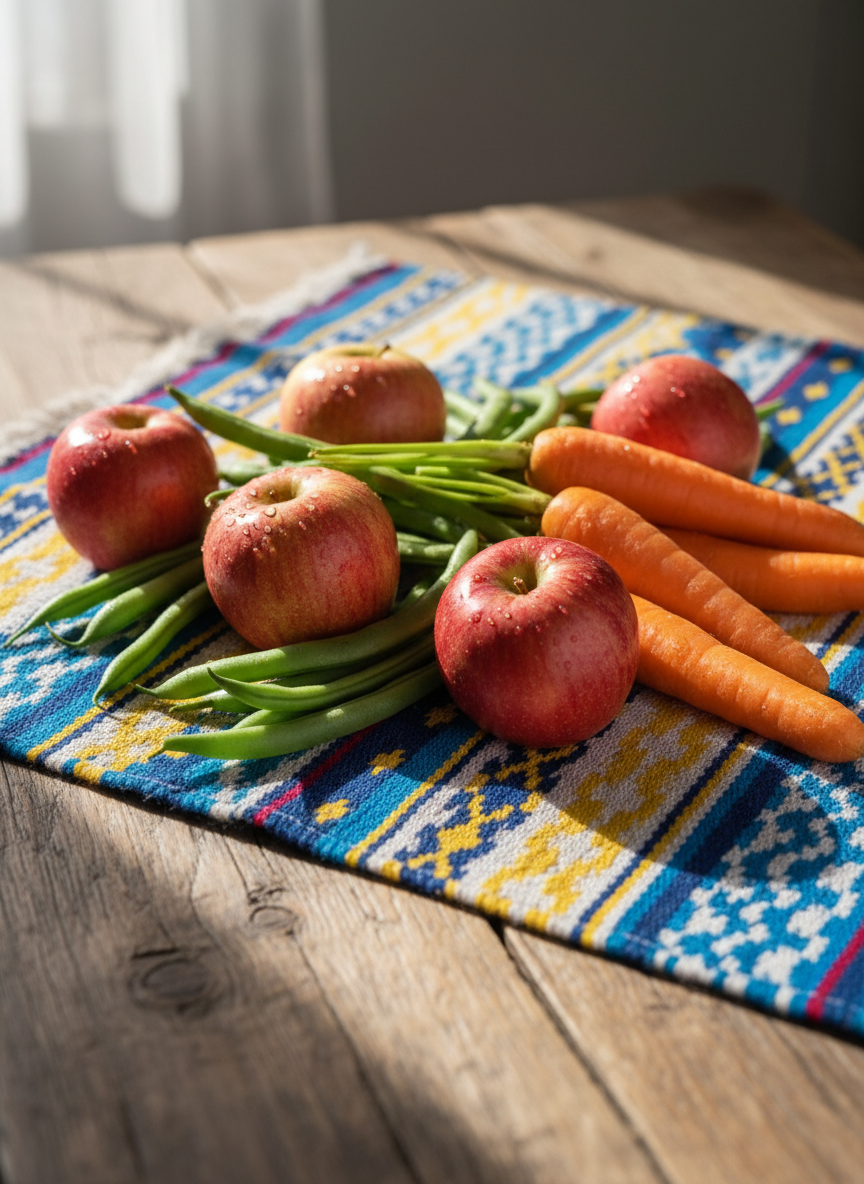 A whimsically arranged assortment of colorful local produce, including glossy red apples, deep green beans, and vibrant orange carrots, all freshly harvested, with dewdrops glistening on their surfaces. These rest on a handwoven textile with geometric patterns in bright blues and yellows, set atop a rustic wooden table. Soft, natural daylight streams in from a nearby window, highlighting the fresh textures and rounded forms, casting playful shadows around the edges. The image is captured from a slightly elevated angle with shallow depth of field, creating an energetic and lively yet organized composition. The photographic realism and bright color palette make it inviting for a youthful educational site focused on local culture and healthy habits.