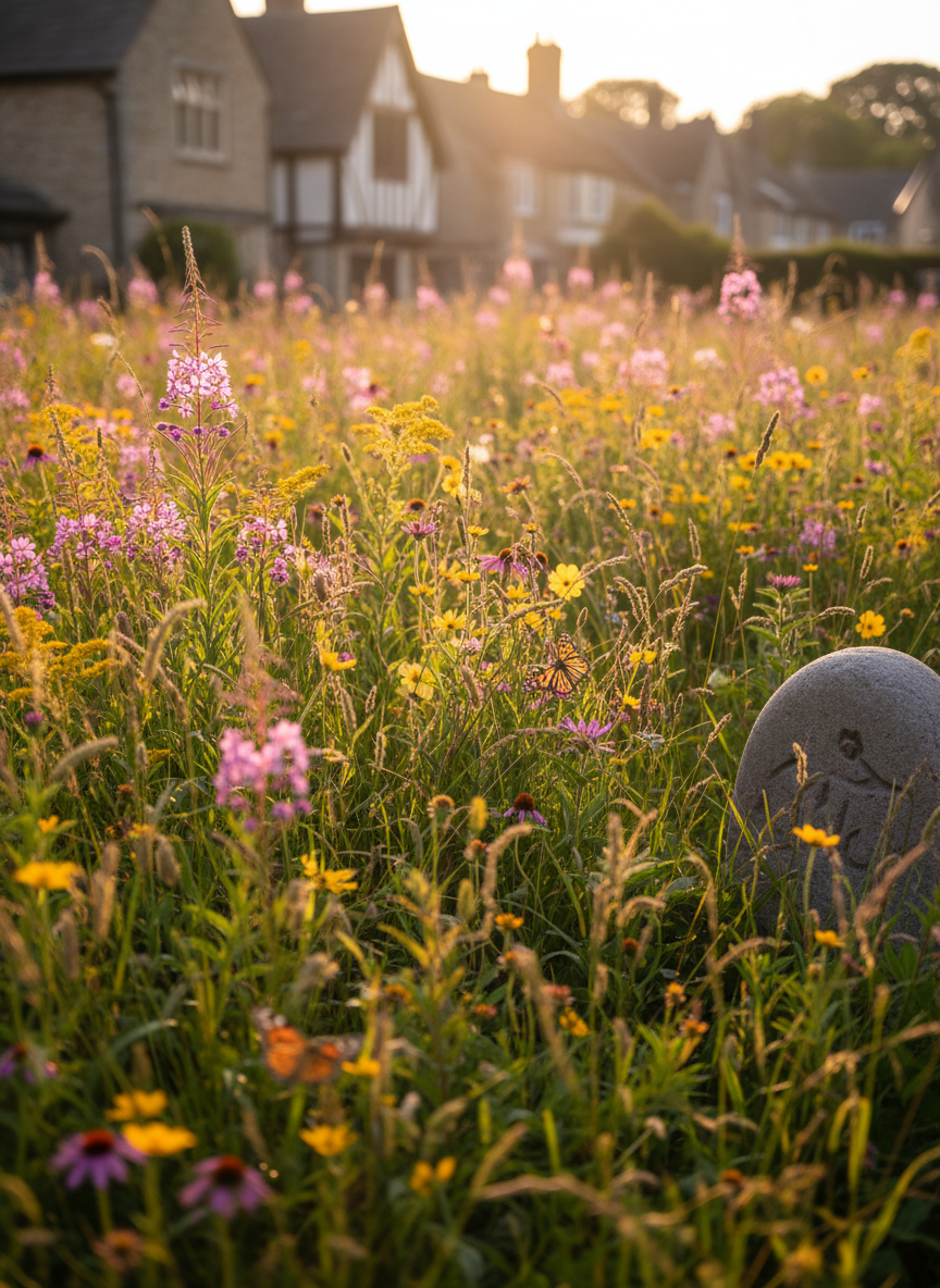 A lush, close-up scene of native wildflowers and grasses swaying gently on a sun-drenched meadow at the edge of the village, with delicate butterflies perched on petals and a rounded stone marker partially visible among the greenery. Golden hour sunlight casts a warm glow and long, soft shadows, enhancing the whimsical forms and vibrant pinks, purples, and yellows. The camera angle is low, with a shallow depth of field that blurs the background, creating a dreamy, playful atmosphere. The composition is energetic and colorful, matching the site’s youthful, educational focus on local flora and fauna.
