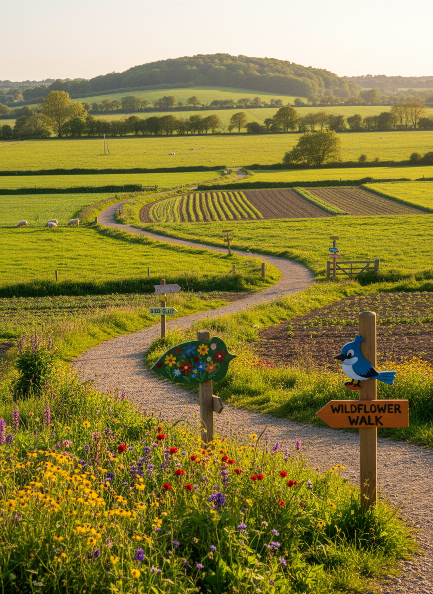 A playful depiction of a well-marked rural walking trail winding through a lush patchwork of green fields and colorful gardens, with whimsical wooden signposts featuring brightly painted illustrations of local birds and plants. The trail curves toward a distant, rounded hill with a patch of wildflowers at the forefront. Bright, energetic sunlight beams down, casting crisp, cheerful shadows and highlighting the vivid, saturated colors of the landscape. Captured with a wide-angle lens at a low perspective, the composition draws the viewer’s eye along the path, embodying the educational site’s spirit of discovery and outdoor adventure.