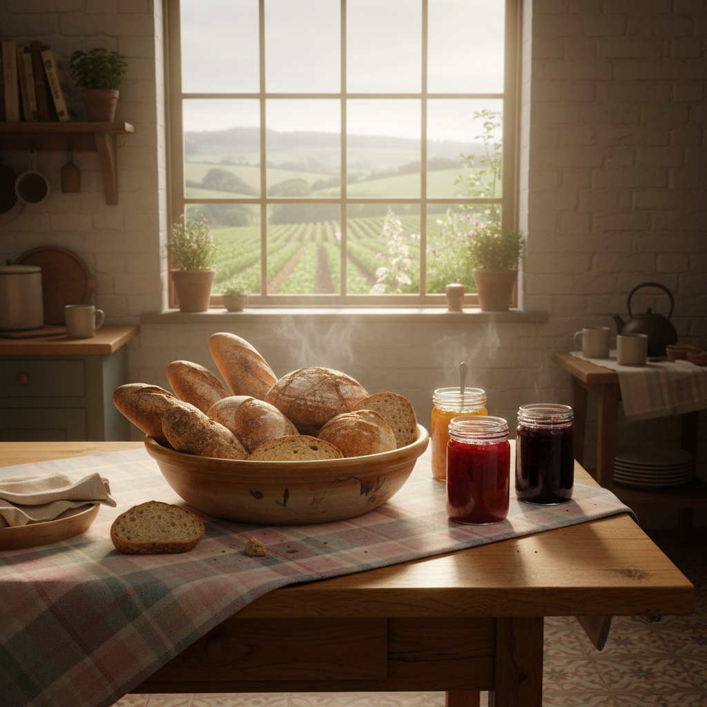 A cozy farm kitchen interior with a rounded ceramic bowl overflowing with locally baked bread and glistening preserves, resting on a polished wooden table adorned with checkered, pastel-colored cloths. Outside the window, rolling hills and vegetable patches are visible under diffused morning light that creates soft highlights and cozy shadows. The camera is positioned at table height, with a balanced composition emphasizing the inviting textures and the wholesome mood. The image radiates a playful yet homely vibe, rendered in photographic realism, perfect for illustrating the importance of local foods and traditions.