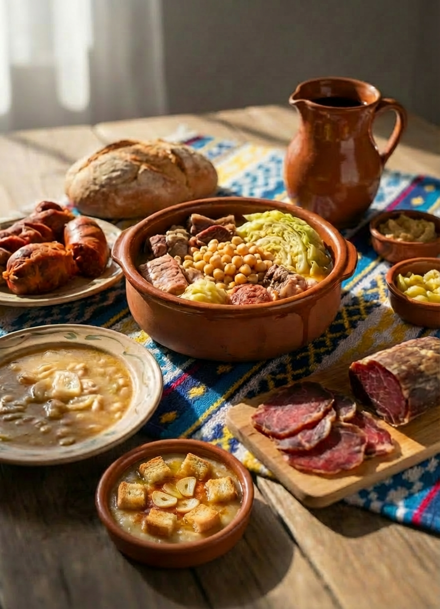 Traditional Spanish stew with chickpeas, meats, and cabbage in clay dishes on a table.
