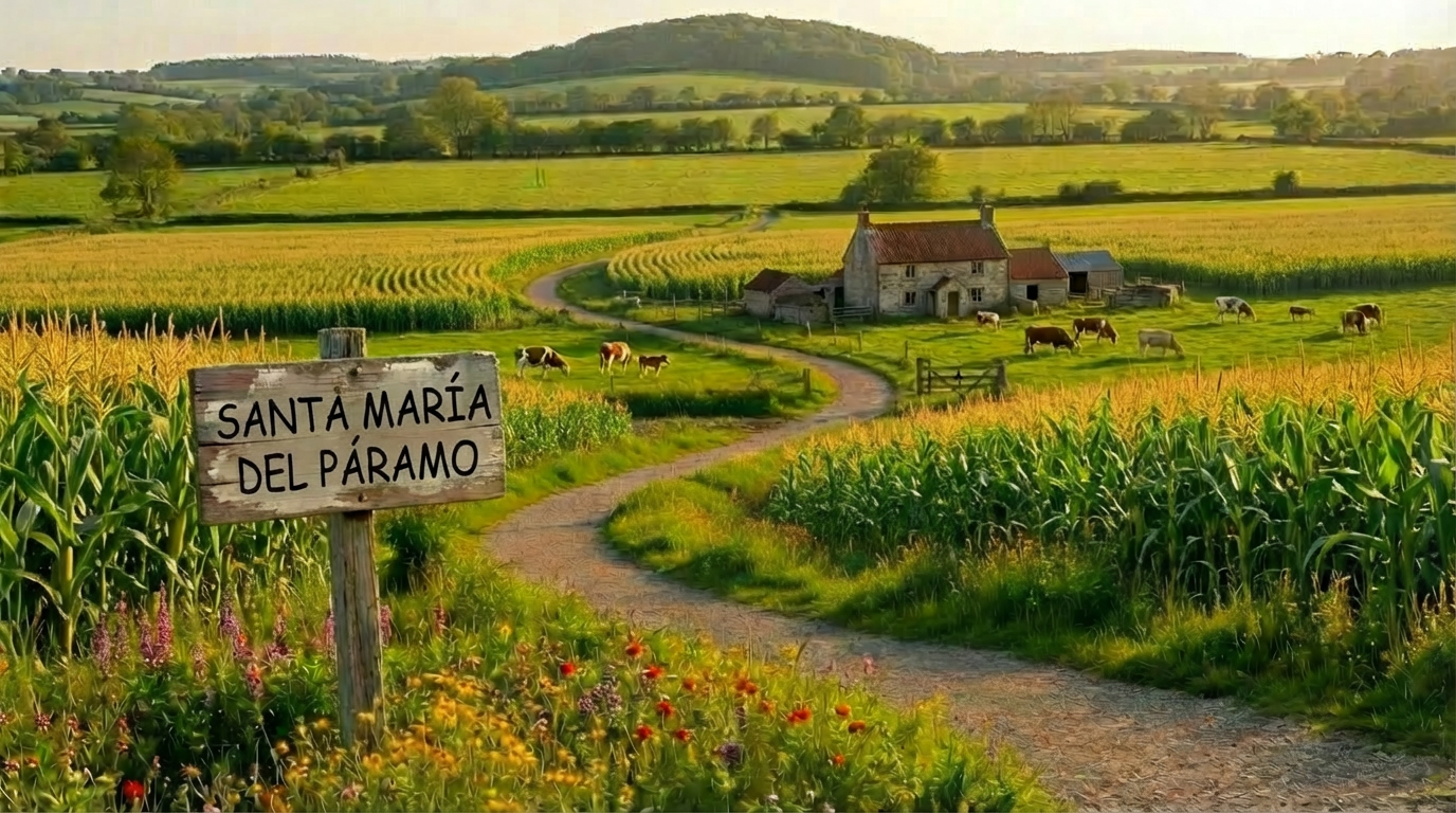 A playful depiction of a well-marked rural walking trail winding through a lush patchwork of green fields and colorful gardens, with whimsical wooden signposts featuring brightly painted illustrations of local birds and plants. The trail curves toward a distant, rounded hill with a patch of wildflowers at the forefront. Bright, energetic sunlight beams down, casting crisp, cheerful shadows and highlighting the vivid, saturated colors of the landscape. Captured with a wide-angle lens at a low perspective, the composition draws the viewer’s eye along the path, embodying the educational site’s spirit of discovery and outdoor adventure.