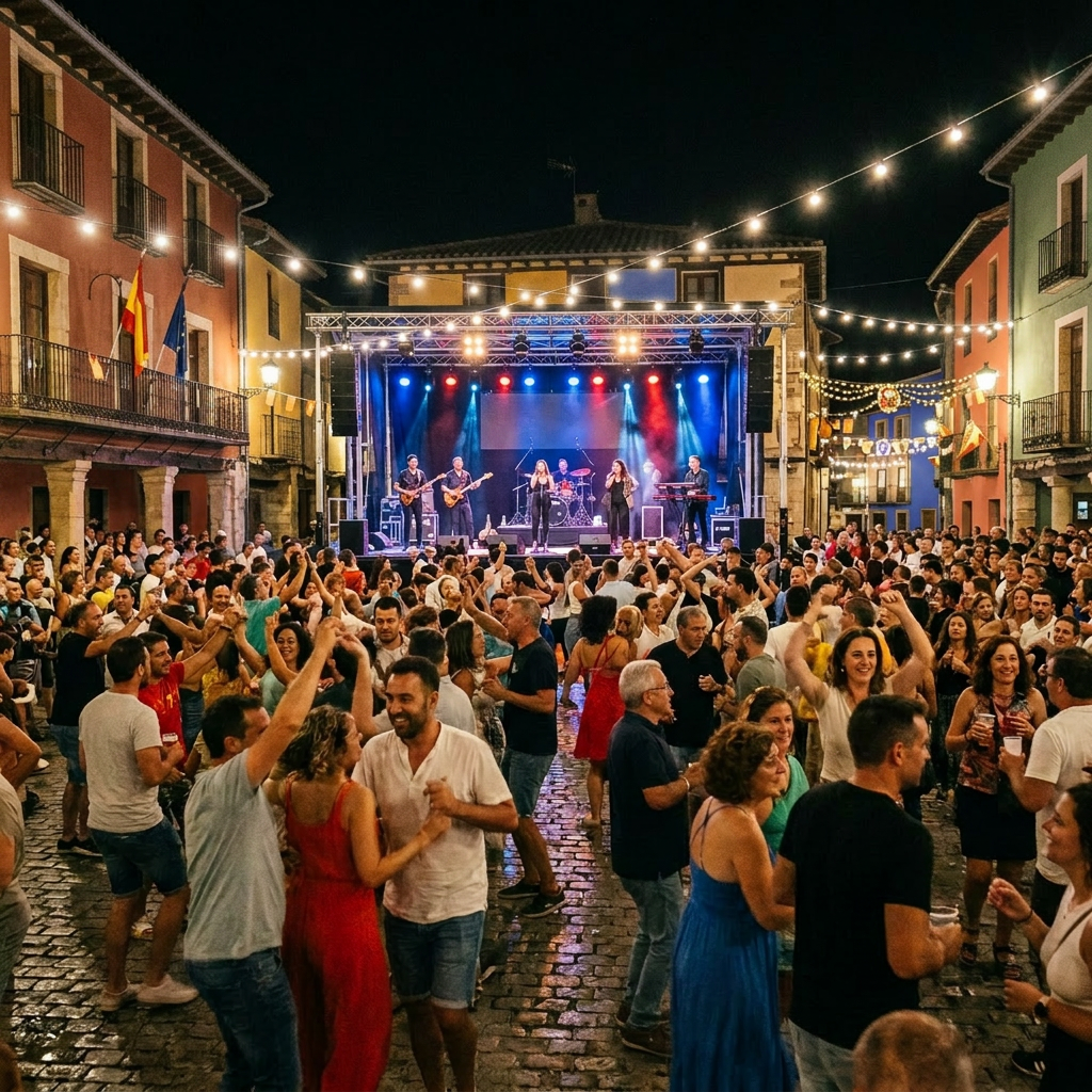 Crowd dancing in front of Orquesta Mondragón performing on stage in a lit town square at night